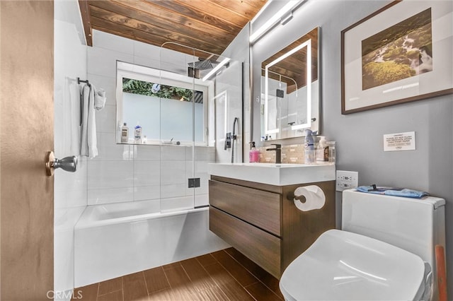 full bathroom featuring wood ceiling, wood finished floors, and vanity