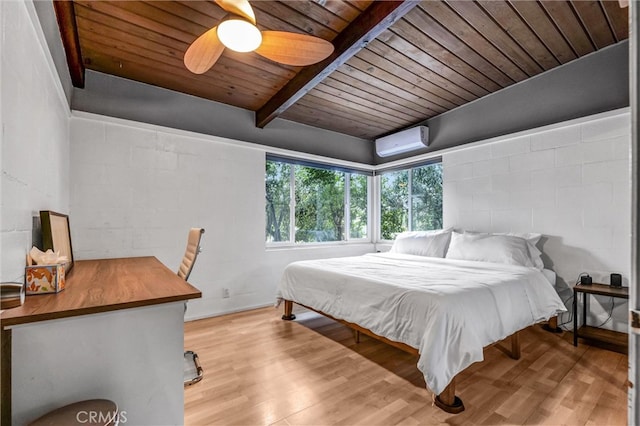 bedroom featuring wood finished floors, ceiling fan, an AC wall unit, wood ceiling, and beamed ceiling