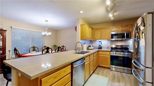 kitchen featuring a peninsula, a sink, stainless steel appliances, light wood-style floors, and decorative light fixtures