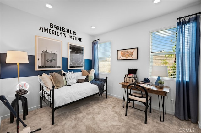 carpeted bedroom with recessed lighting and baseboards