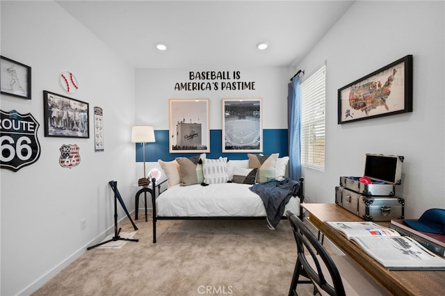 bedroom featuring recessed lighting, baseboards, and carpet floors