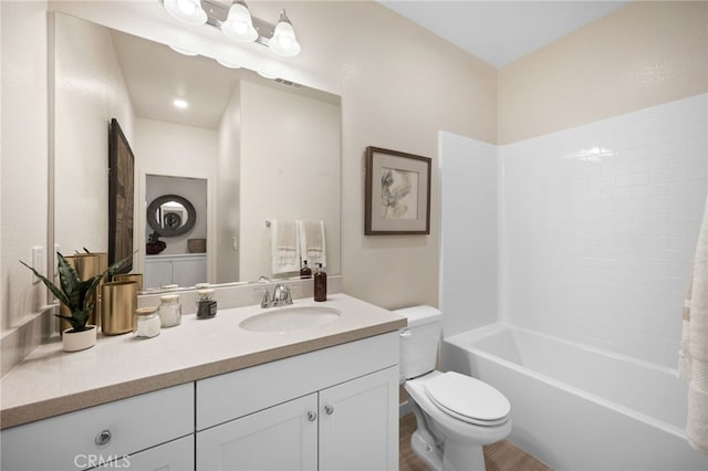 full bath with shower / bathing tub combination, visible vents, toilet, and vanity