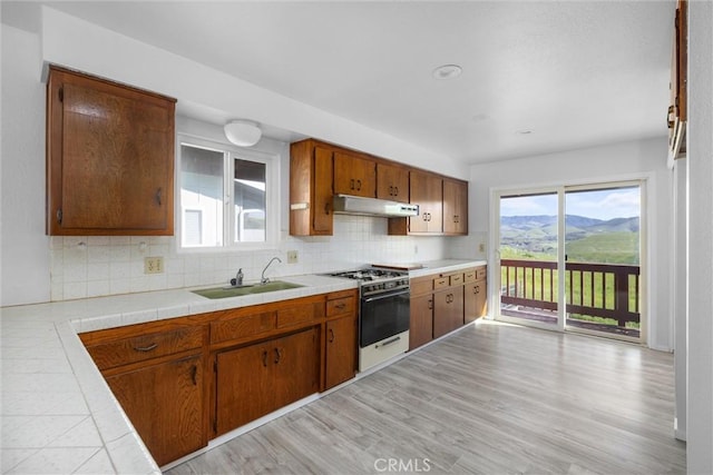 kitchen with backsplash, gas stove, under cabinet range hood, and a sink