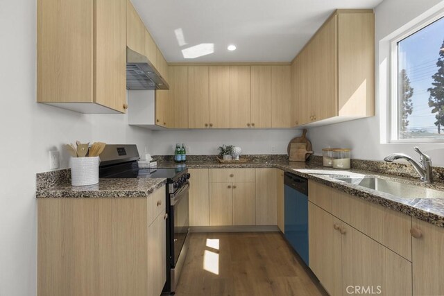 11541 Basye St, El Monte, CA 91732 - kitchen featuring dark stone countertops, electric range, wall chimney exhaust hood, and light brown cabinets