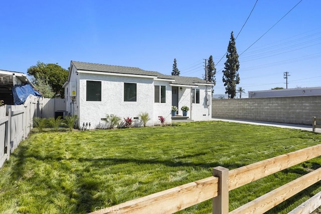 11541 Basye St, El Monte, CA 91732 - view of front facade featuring stucco siding, cooling unit, a fenced backyard, and a front lawn