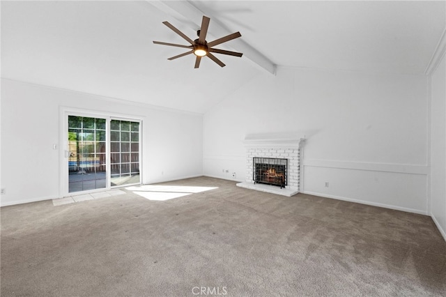 unfurnished living room with beamed ceiling, high vaulted ceiling, carpet floors, a fireplace, and ceiling fan