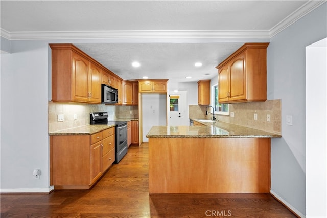 kitchen with light stone counters, a peninsula, stainless steel appliances, and wood finished floors