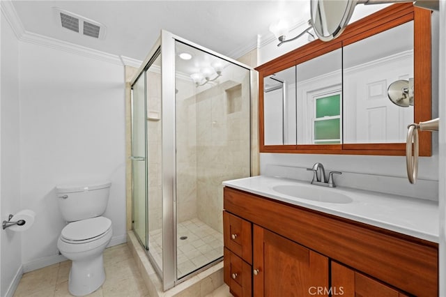 bathroom featuring a stall shower, toilet, visible vents, and ornamental molding