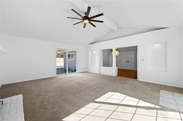 unfurnished living room with beamed ceiling, carpet flooring, baseboards, and a ceiling fan