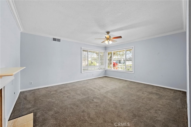 carpeted spare room with visible vents, a textured ceiling, a ceiling fan, and crown molding