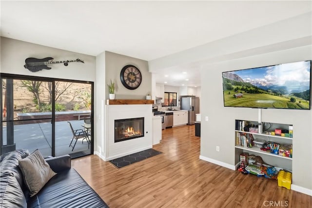 living area with a glass covered fireplace, baseboards, and wood finished floors