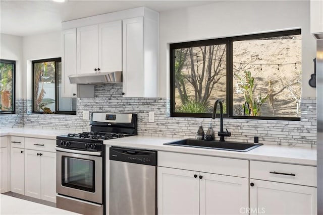 kitchen with a sink, decorative backsplash, stainless steel appliances, under cabinet range hood, and white cabinetry