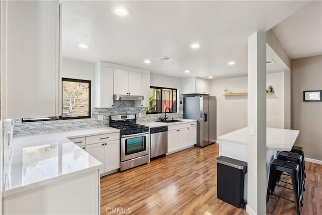 kitchen with visible vents, a sink, light wood-style floors, under cabinet range hood, and appliances with stainless steel finishes