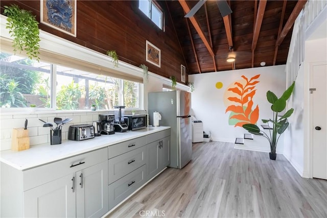 11894 Truro Ave, Hawthorne, CA 90250 - kitchen with light wood-type flooring, high vaulted ceiling, gray cabinetry, freestanding refrigerator, and wood ceiling