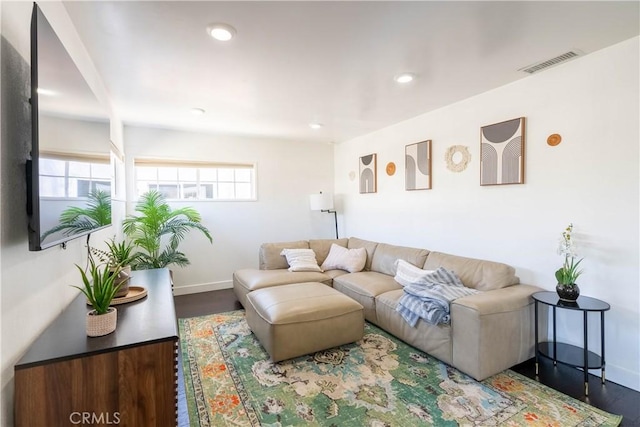 11894 Truro Ave, Hawthorne, CA 90250 - living room with recessed lighting, visible vents, baseboards, and wood finished floors