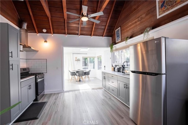 11894 Truro Ave, Hawthorne, CA 90250 - kitchen featuring a ceiling fan, light wood-style flooring, decorative backsplash, appliances with stainless steel finishes, and wooden ceiling