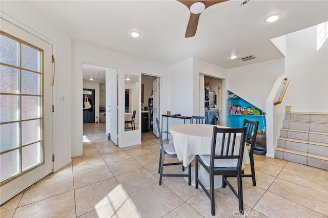 dining area with visible vents, recessed lighting, light tile patterned floors, ceiling fan, and stairs