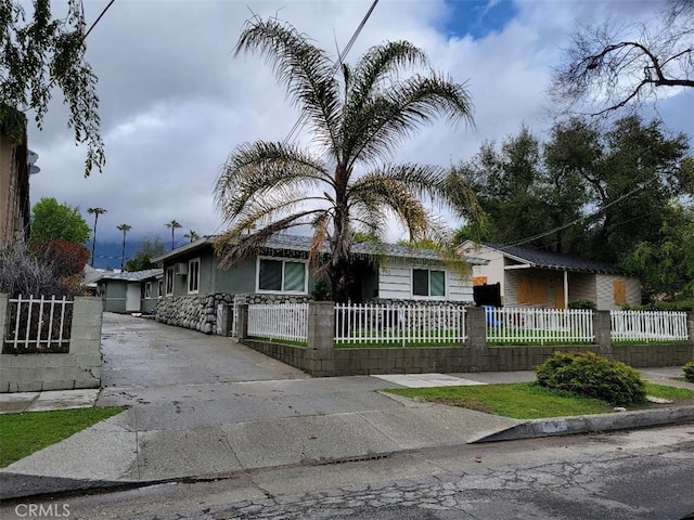 ranch-style home with a fenced front yard