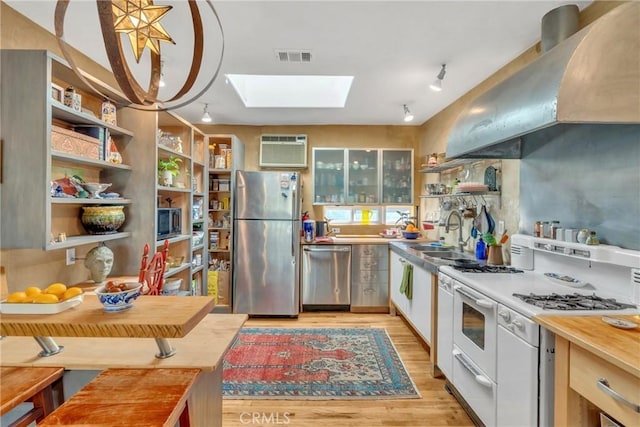 kitchen featuring open shelves, a sink, appliances with stainless steel finishes, exhaust hood, and a skylight