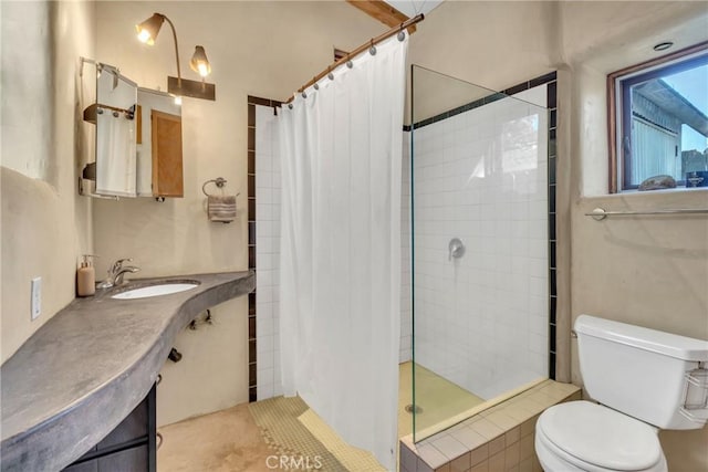 full bath with a tile shower, toilet, and a sink