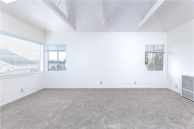 unfurnished room featuring beamed ceiling, carpet, and a wealth of natural light