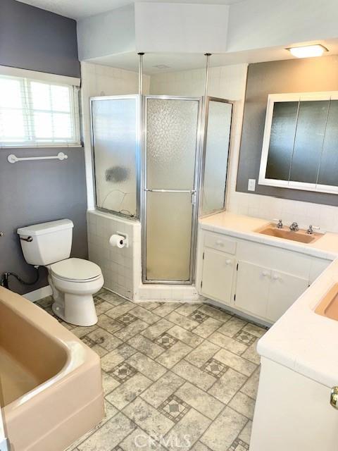 bathroom featuring toilet, a stall shower, and vanity