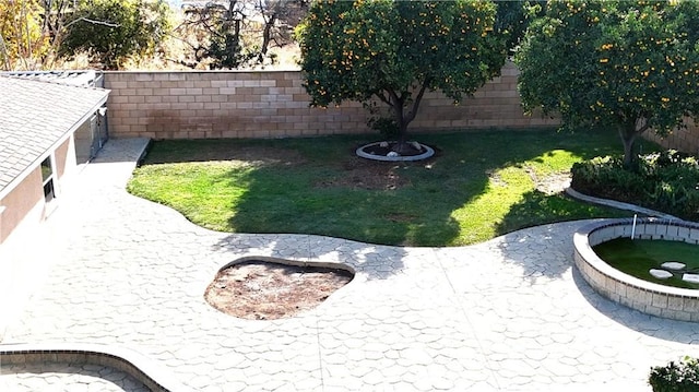 view of yard featuring a patio area and a fenced backyard