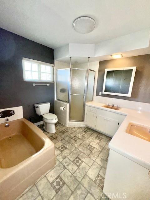 bathroom featuring a shower stall, toilet, double vanity, and a sink