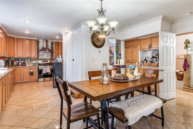 dining space featuring granite finish floor, a chandelier, and ornamental molding