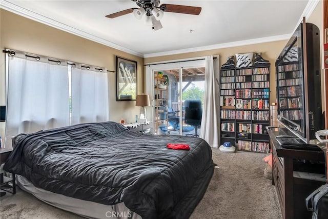bedroom featuring carpet floors, crown molding, and access to outside