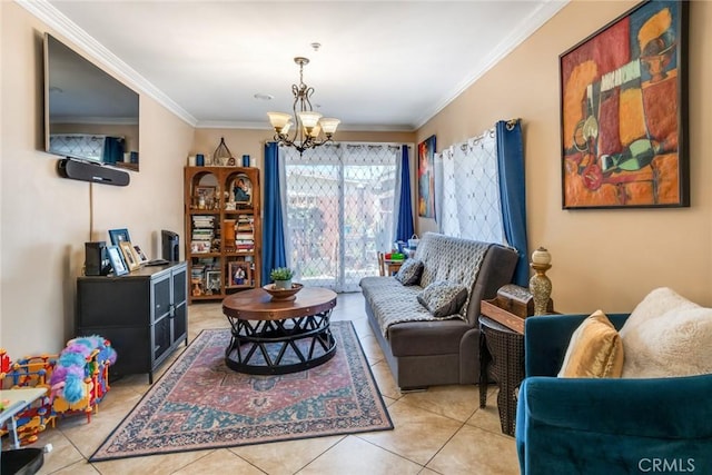 living room with tile patterned flooring, a notable chandelier, and ornamental molding