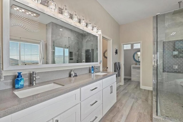 full bathroom featuring a shower stall, wood finished floors, double vanity, and a sink