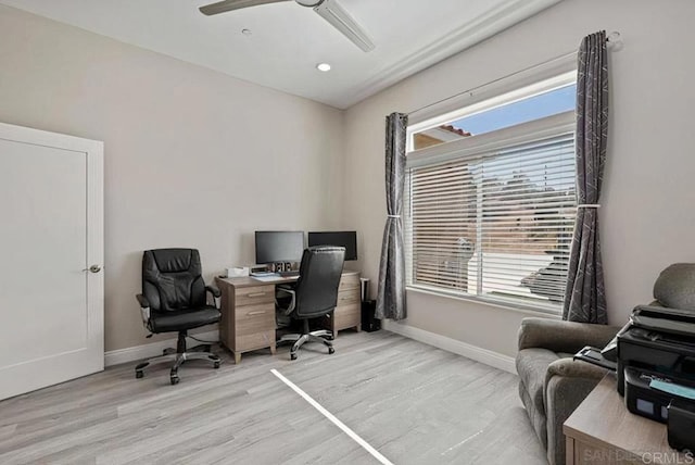 office with recessed lighting, a ceiling fan, baseboards, and light wood finished floors