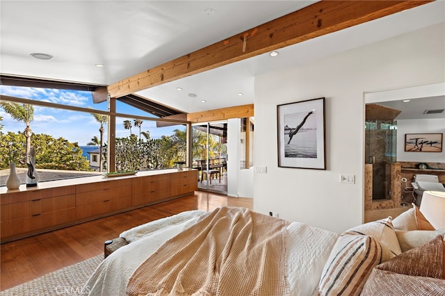 bedroom with visible vents, recessed lighting, light wood-style floors, access to exterior, and vaulted ceiling with beams