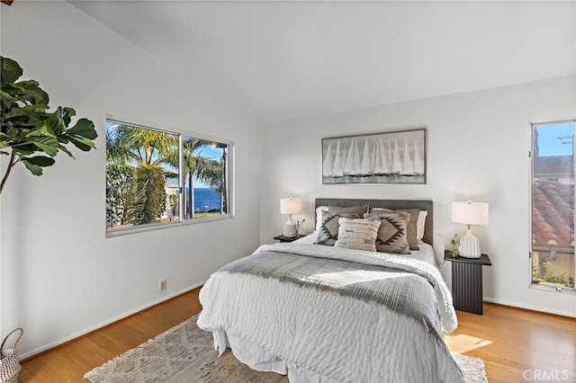 bedroom featuring baseboards, wood finished floors, and vaulted ceiling