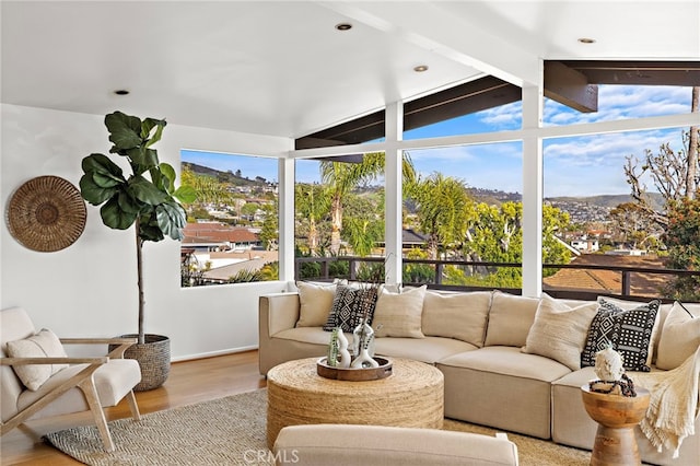 sunroom with beam ceiling