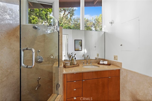 bathroom with plenty of natural light, a shower stall, and vanity