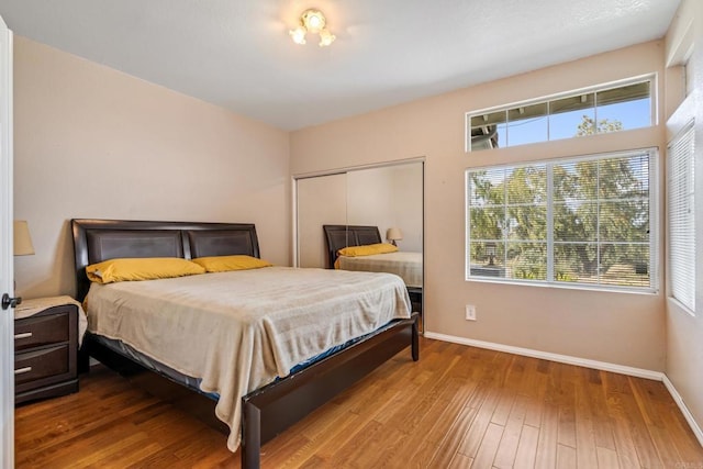 bedroom featuring a closet, baseboards, and wood-type flooring