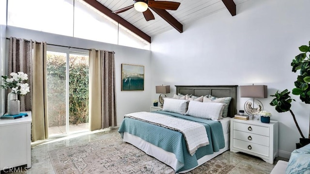 bedroom with ceiling fan, beamed ceiling, high vaulted ceiling, and wooden ceiling