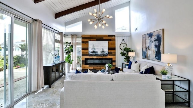 living room featuring visible vents, beam ceiling, high vaulted ceiling, a glass covered fireplace, and a chandelier