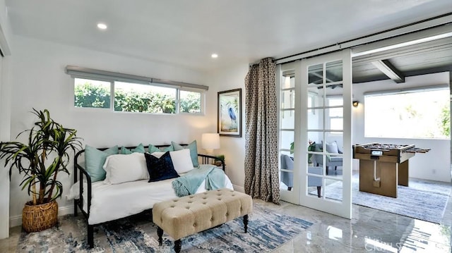 bedroom featuring recessed lighting, marble finish floor, french doors, and baseboards