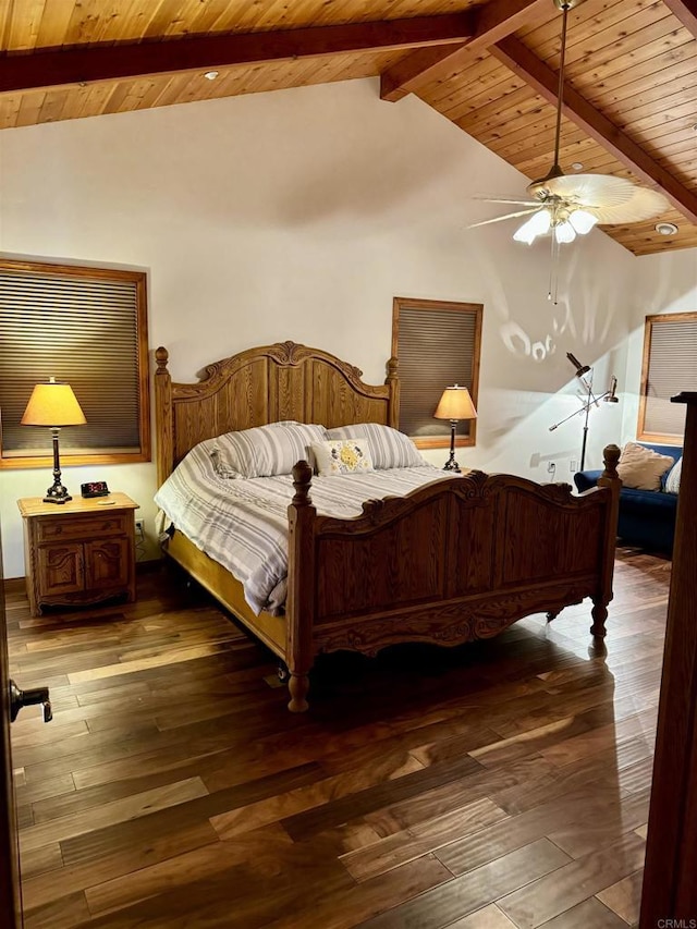 bedroom featuring hardwood / wood-style floors, lofted ceiling with beams, a ceiling fan, and wooden ceiling