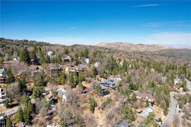 drone / aerial view with a mountain view and a wooded view