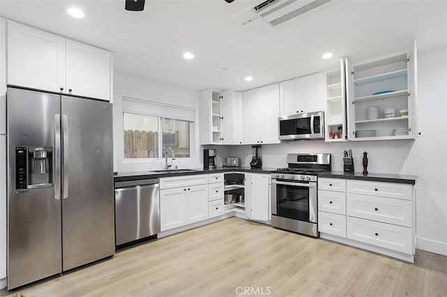 kitchen featuring open shelves, a sink, appliances with stainless steel finishes, white cabinetry, and dark countertops