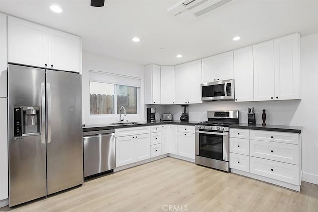 kitchen featuring a sink, stainless steel appliances, white cabinets, light wood-style floors, and dark countertops