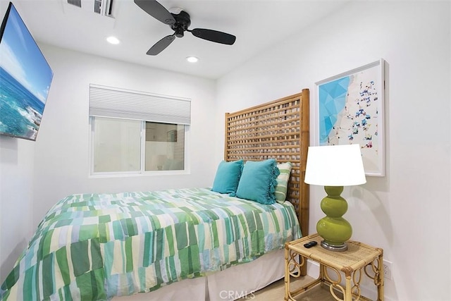 bedroom with recessed lighting, visible vents, and a ceiling fan