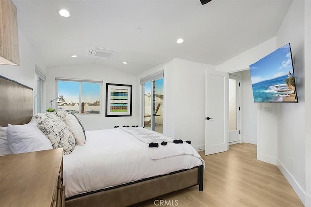 bedroom with visible vents, baseboards, vaulted ceiling, recessed lighting, and light wood-style floors