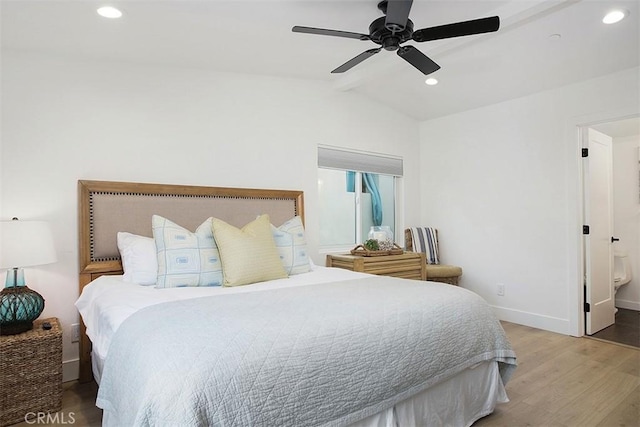 bedroom with recessed lighting, baseboards, lofted ceiling with beams, and light wood-style floors