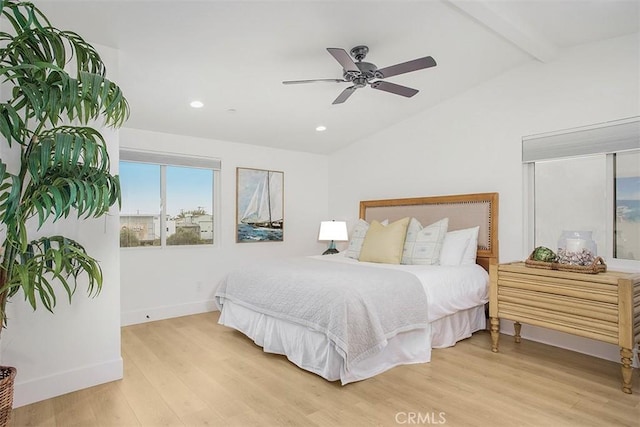 bedroom featuring baseboards, ceiling fan, lofted ceiling with beams, recessed lighting, and light wood-style floors