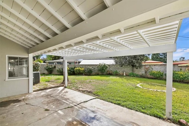 view of patio featuring central air condition unit, a fenced backyard, and a pergola